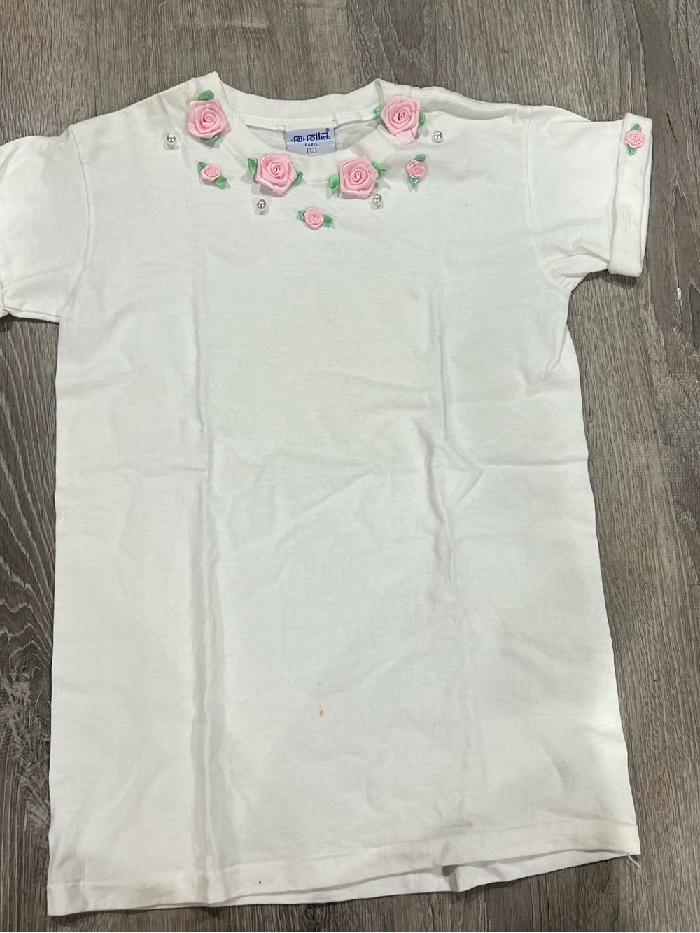 Girls' vintage White Tee with Pink Rose Appliqués L